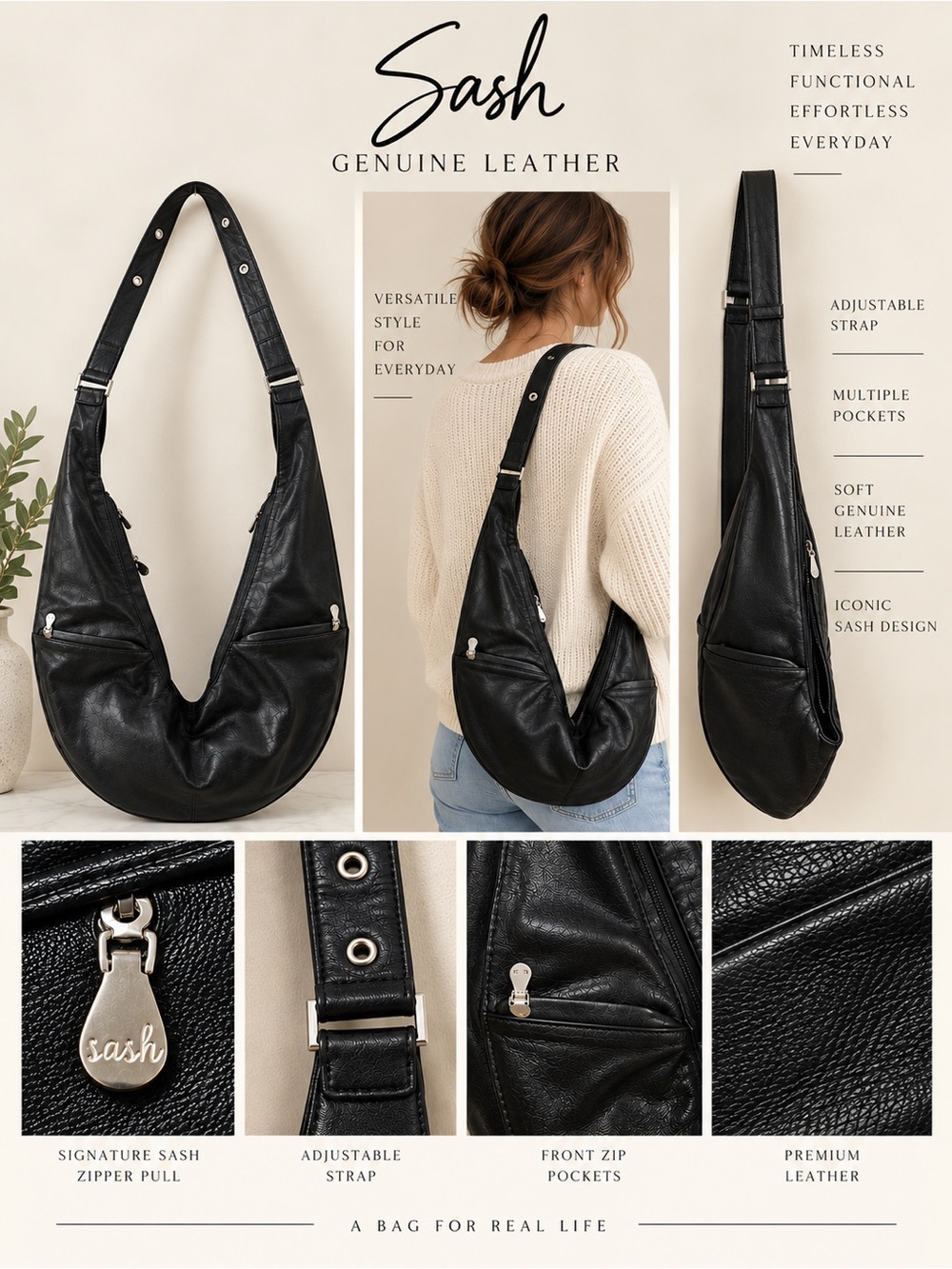 Sash Black Genuine Leather Hobo Sling Crossbody Bag